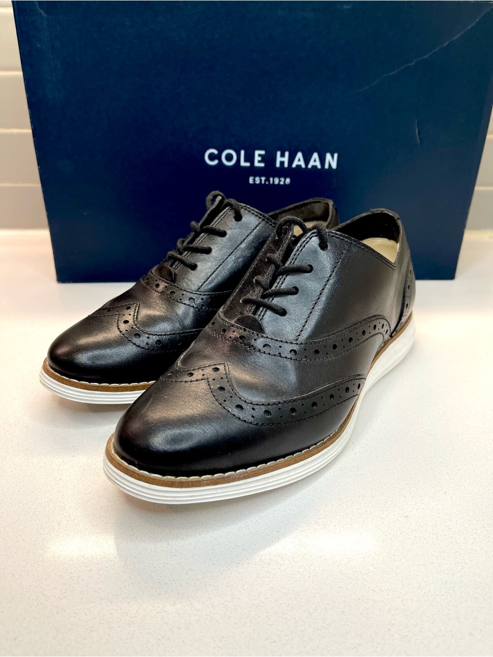 Cole Haan Women’s Wingtip Derby Sneakers in black leather size 5.5